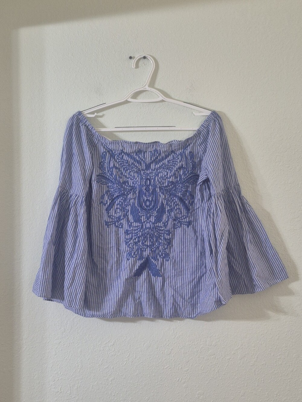 INC International Concepts Blue and White Striped Off-Shoulder Embroidered Top